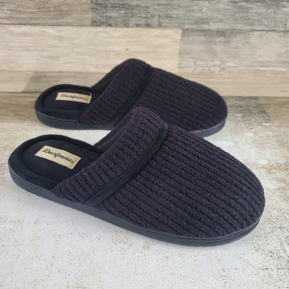 Dearfoams Serena Marled Chenille Scuff Womens Slippers Sz 8 Black Ribbed Knit